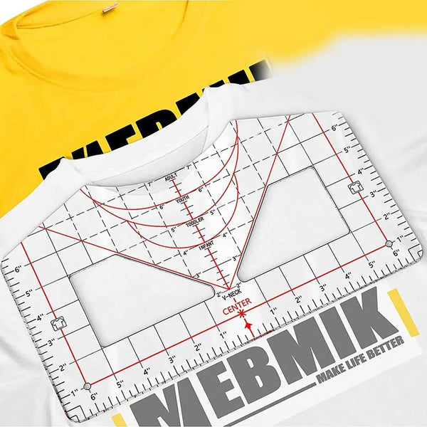 Weiher Ausrichtleitungsblatt für das Heat-Pressen von T-Shirts, mit Messlinien und Diagramm.