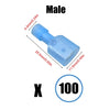 Male insulated crimp terminal in light blue plastic with various size markings.