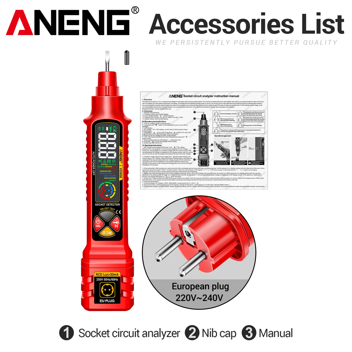 Aneng accessories list showing a red multi-function AC/DC voltage tester, nib cap, and manual.