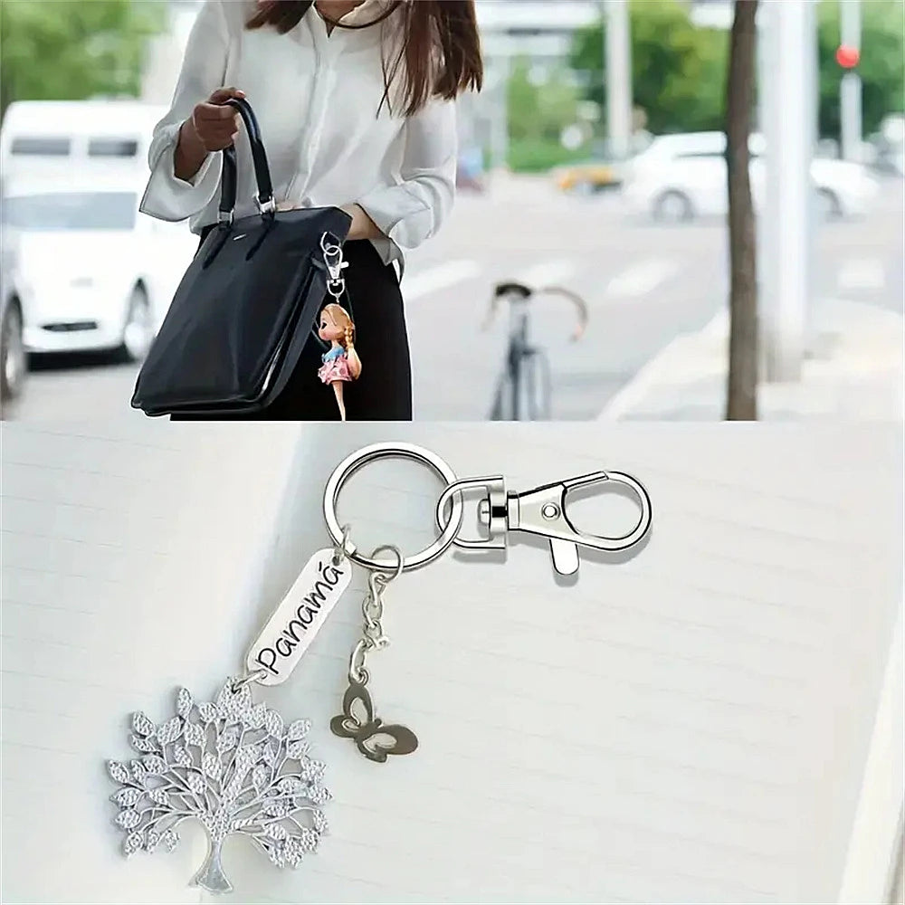 Silver swivel snap hooks with key rings featuring a Panama charm and a leaf design