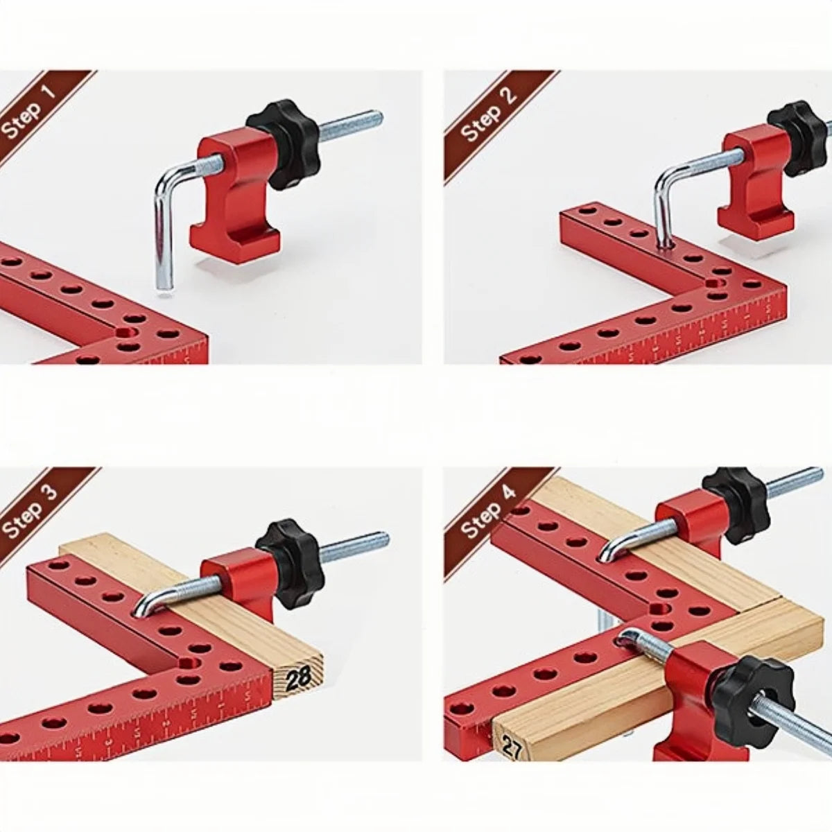 Step-by-step guide showing how to use a precision woodworking right angle clamp with wooden pieces.