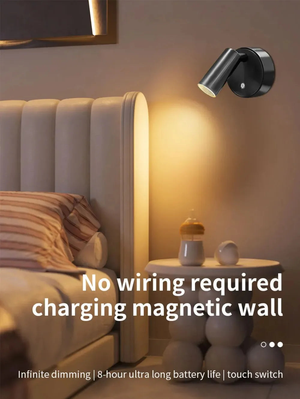 A modern wall lamp with a magnetic spotlight is mounted above a bed, featuring infinite dimming and touch switch control.