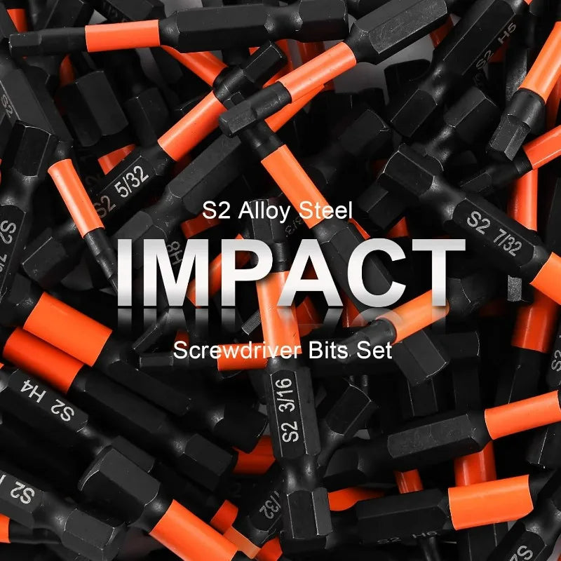 A pile of black and orange S2 Alloy Steel screwdriver bits for impact drilling projects