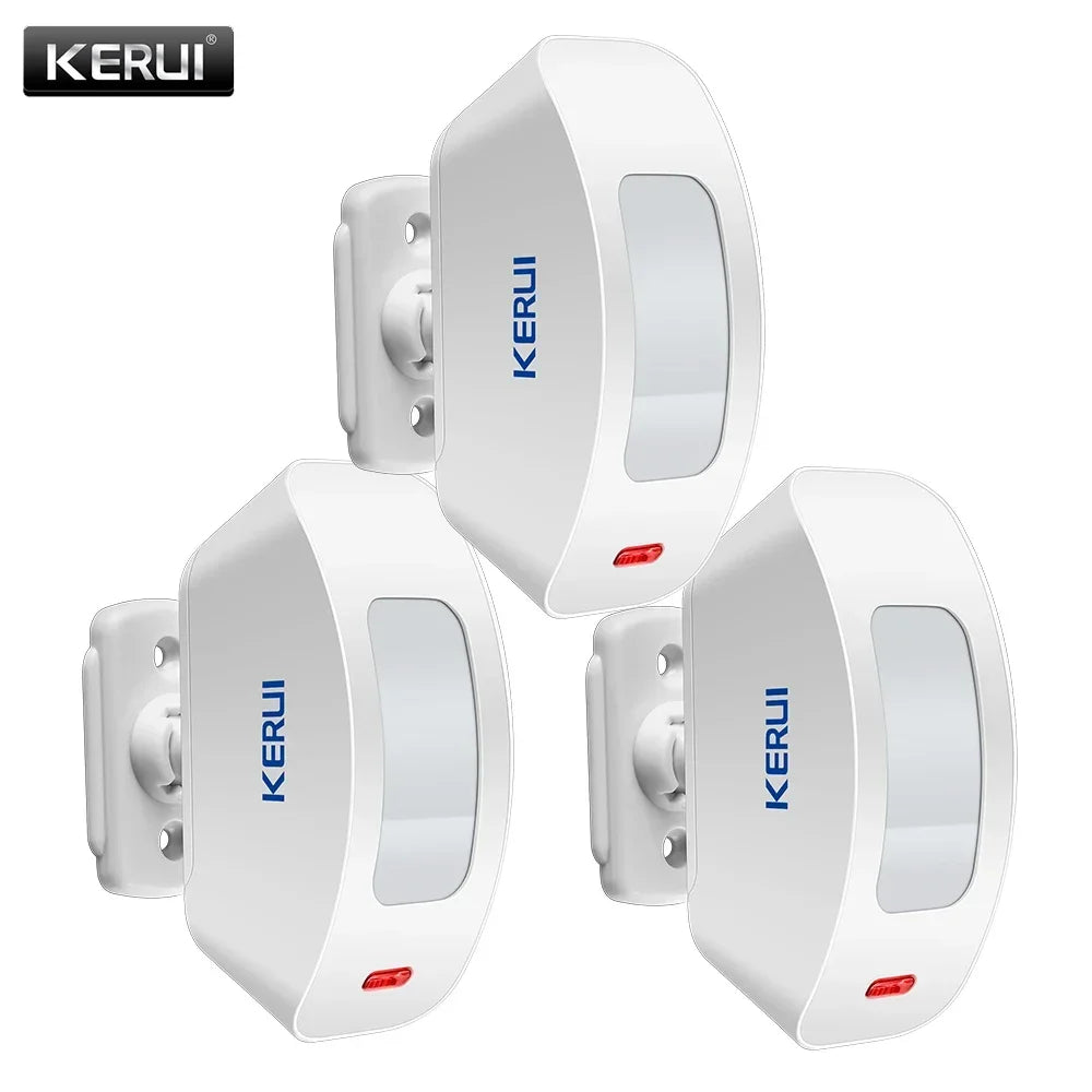 A white wireless infrared curtain security sensor device shown from multiple angles.