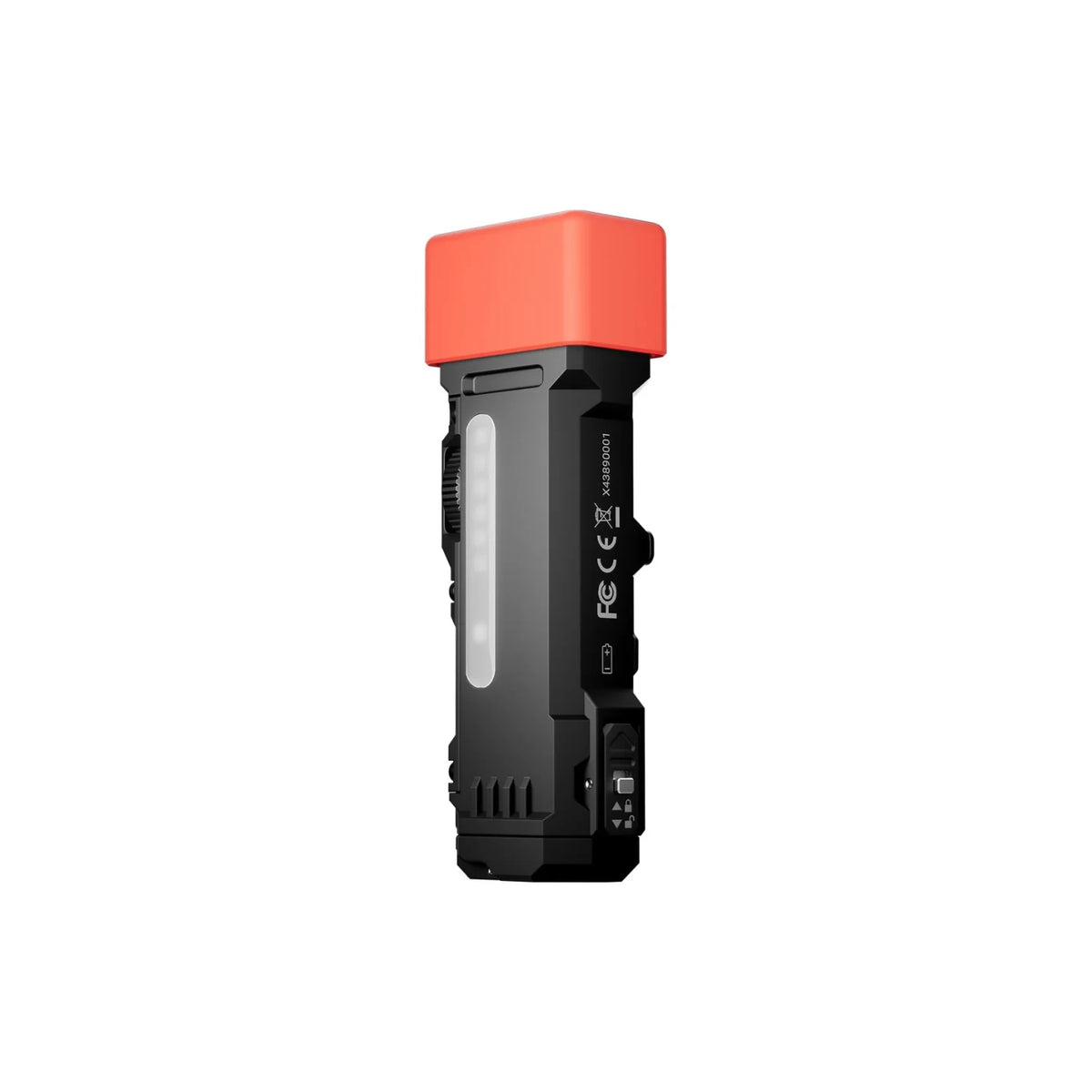 A black tactical LED flashlight with an orange top, shown from the side.