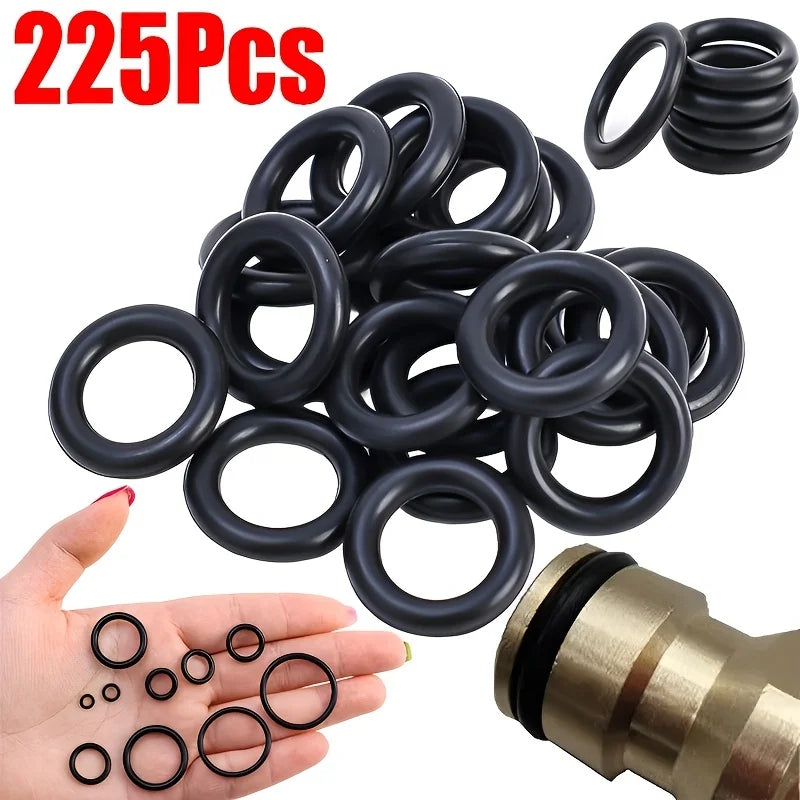 A pile of black rubber O-rings and a brass fitting are shown for seal repair.