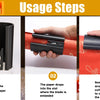 Three steps showing how to use a sliding wrapping paper cutter to cut paper.