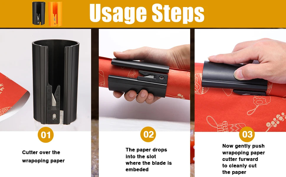 Three steps showing how to use a sliding wrapping paper cutter to cut paper.