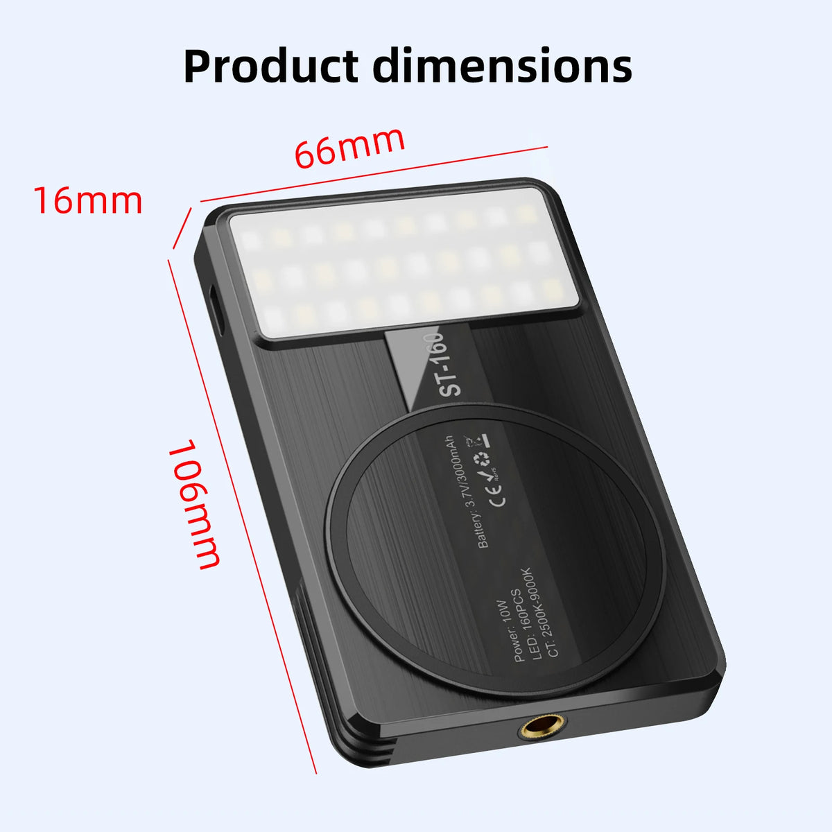 Kit de lumière vidéo LED professionnelle noire avec ses dimensions indiquées.