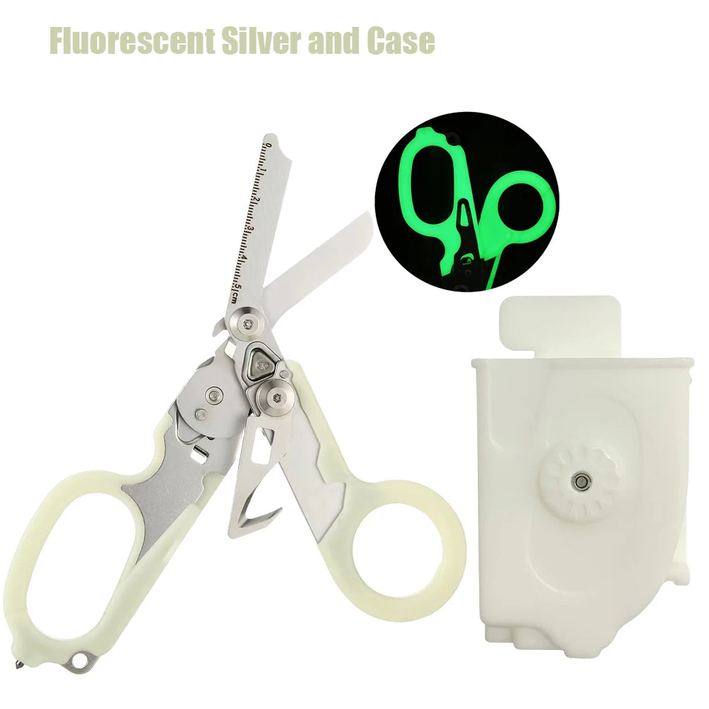 A pair of fluorescent silver tactical folding rescue scissors and a matching case.