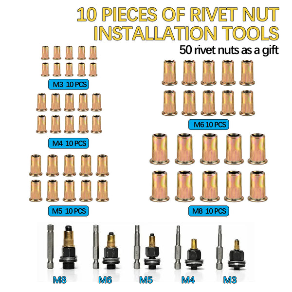 A collection of 10 pieces of rivet nut installation tools, including M3 to M8 sizes, for metalworking.
