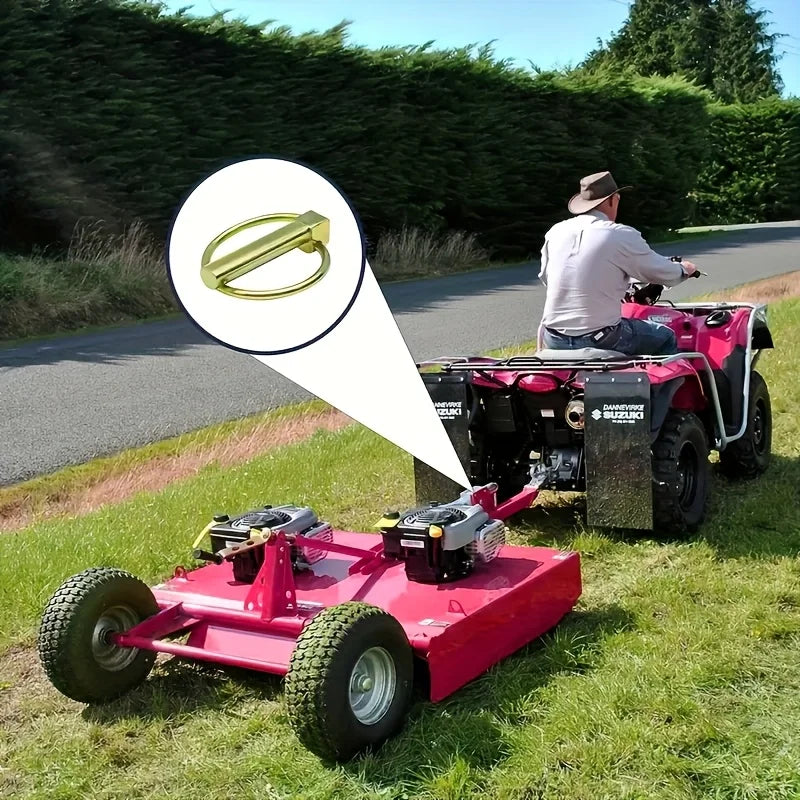 A red towable vehicle is shown on a grassy field with a zoomed-in view of a yellow steel O-ring assortment kit.