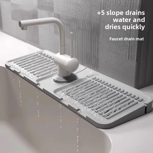 A silicone faucet drain mat is installed in a sink, designed to drain water and dry quickly.