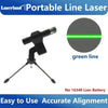 A black portable line laser module with a green light beam, designed for easy alignment.