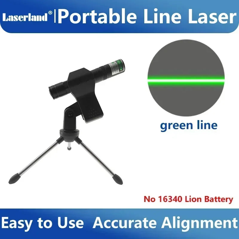 Portable line laser device with a green line, mounted on a tripod for accurate alignment.