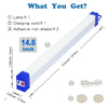 A long white LED light bar with a blue clamp, charging cord, and adhesive iron sheets included.