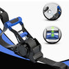 A black retractable ratchet tie-down strap is shown with close-up views of its components and function.