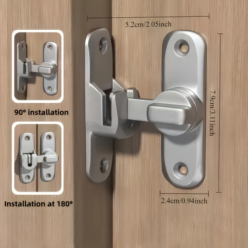 Gros plan d'une serrure à loquet de porte à charnière en alliage de zinc argenté, montrant les options d'installation à 90 et