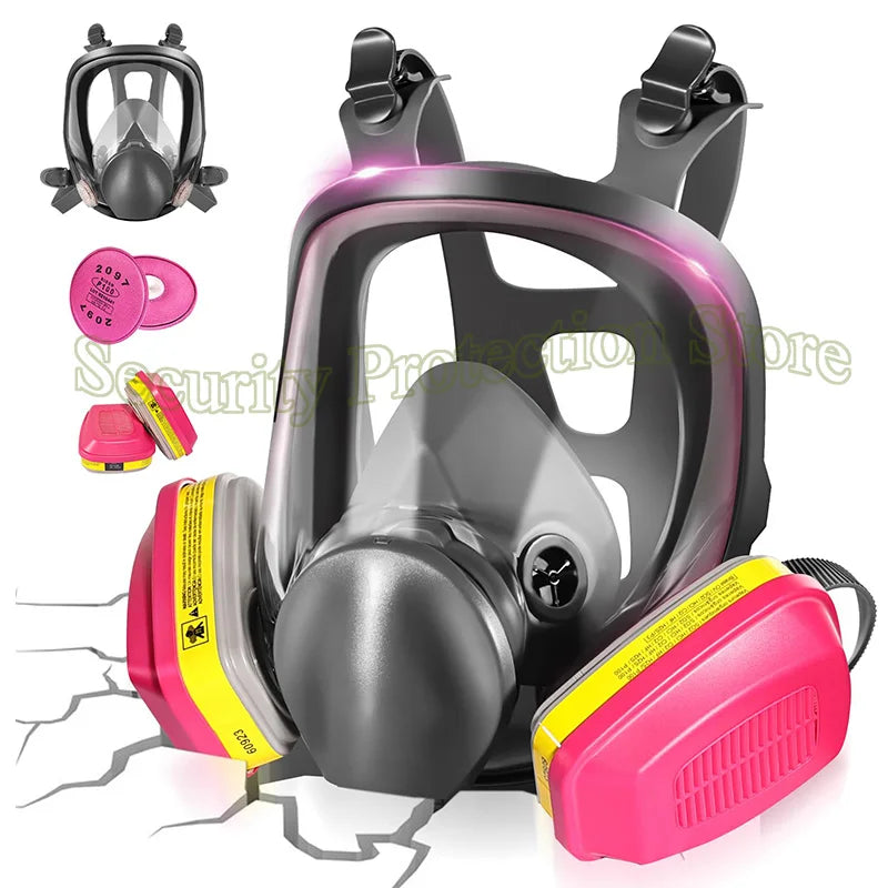 Mascarilla respiratoria facial completa en negro y rosa, mostrada con sus componentes y un cartucho de filtro separado.