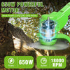 A bright green 650W powerful motor is visible on a 2-in-1 cordless electric lawn trimmer, demonstrating power and speed.
