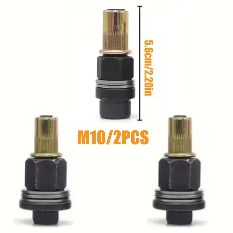 A set of M10 riveting tools, including a threaded rod and a hexagonal nut, shown in black and gold.