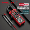 A red digital clamp meter HT207A/B/D is shown with test leads, highlighting its compact size and powerful functionality.