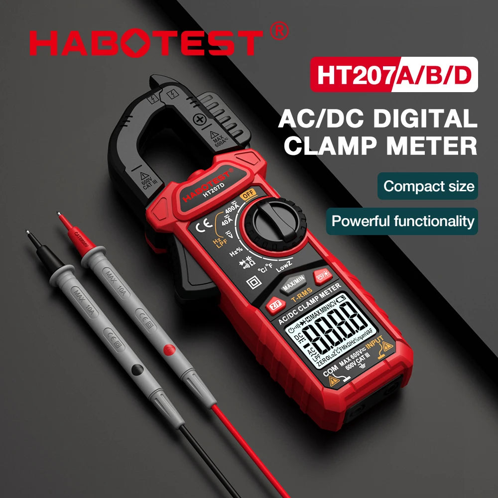 A red digital clamp meter HT207A/B/D is shown with test leads, highlighting its compact size and powerful functionality.