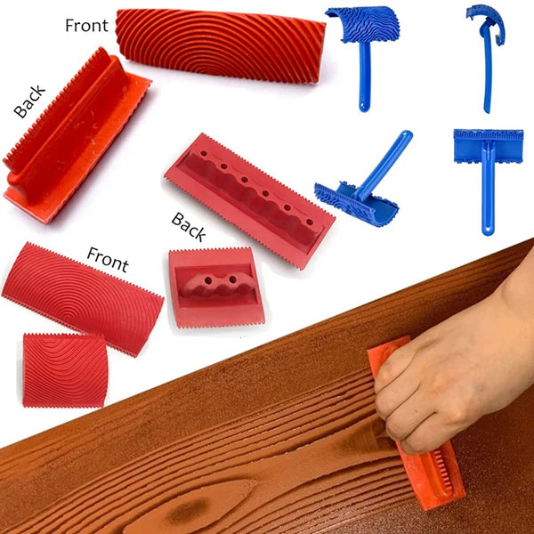 A set of orange and blue wood grain texture painting tools shown with various shapes and sizes on a wooden surface.