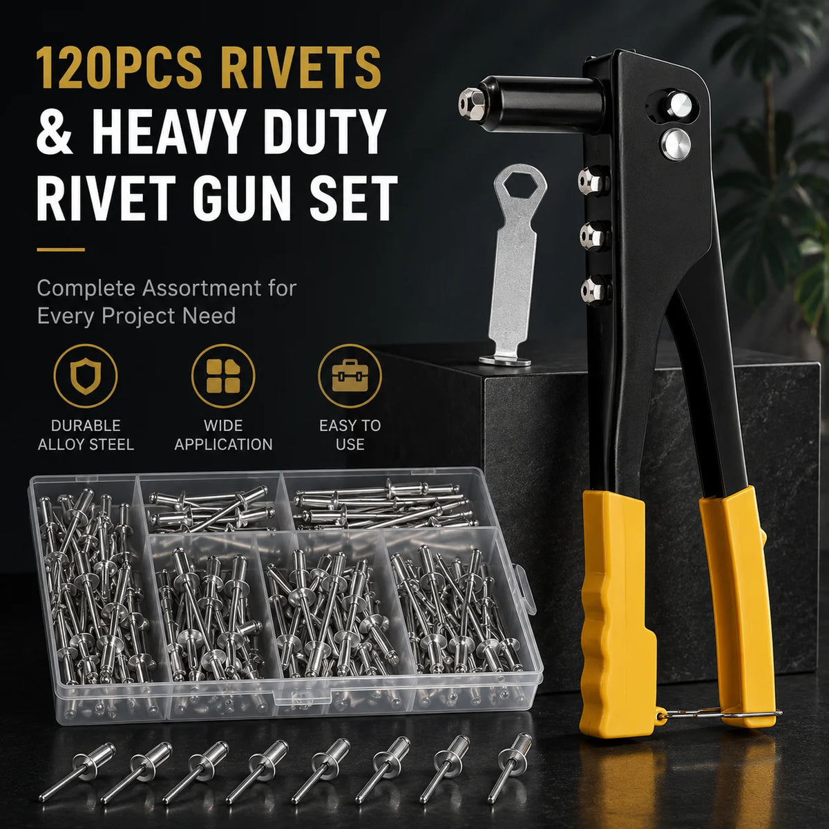 A set of 120pcs rivets and a heavy duty rivet gun kit displayed on a dark surface.