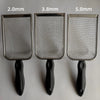 Three stainless steel cat litter scoops in sizes 2.0mm, 3.8mm, and 5.0mm displayed side by side.