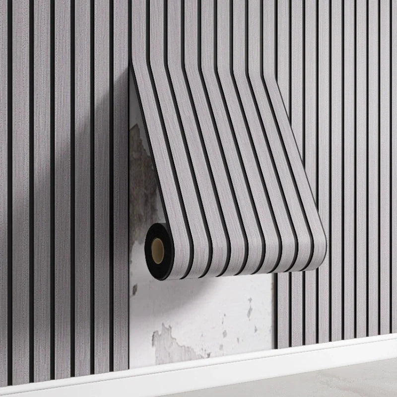 A roll of striped gray and white 3D wooden grid wall stickers mounted on a white surface.