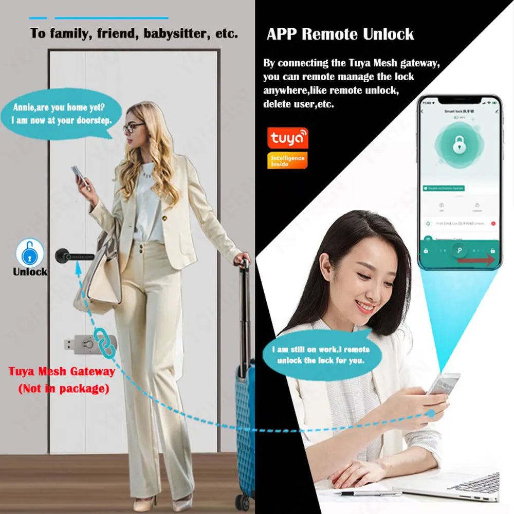 A woman is shown using a smart digital lock system to remotely unlock a door via a Tuya Mesh Gateway.