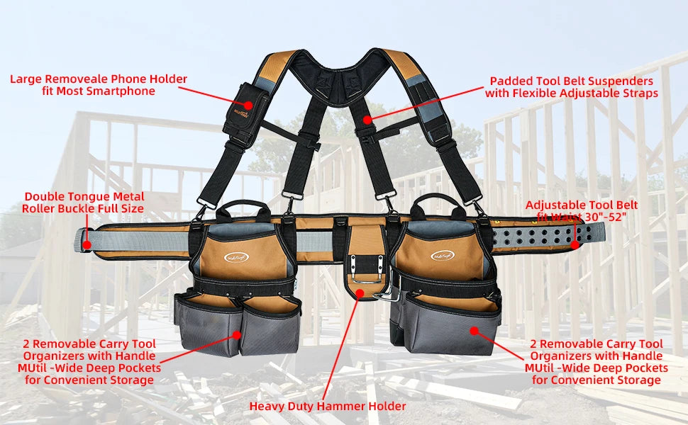A brown tool belt with padded suspenders, tool organizers, and a heavy duty hammer holder displayed against a light backgroun