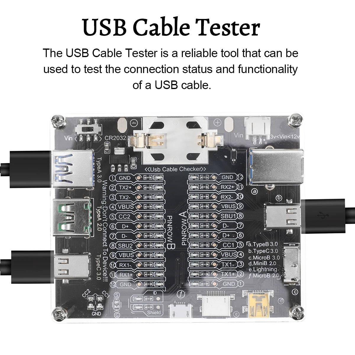 A circuit board USB Cable Tester with multiple connectors and diagnostic ports.