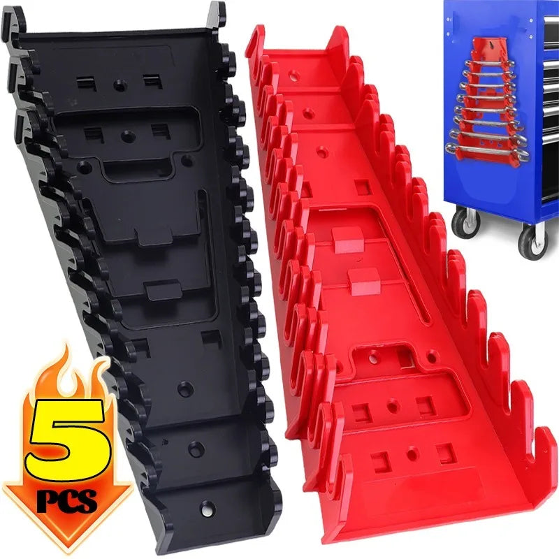 A set of five red and black plastic wrench organizer racks shown in a diagonal layout.