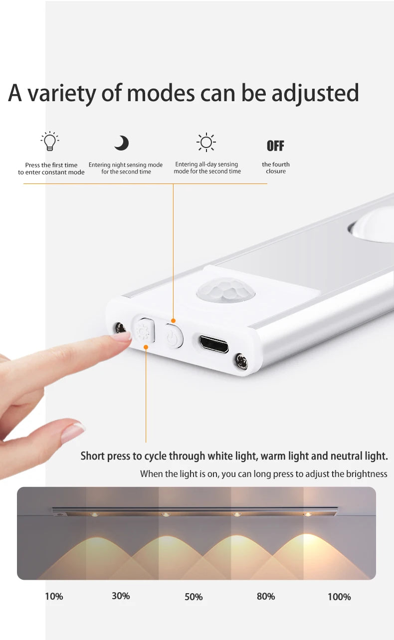 A hand adjusts the brightness of a white LED light on a device, showing various intensity levels.
