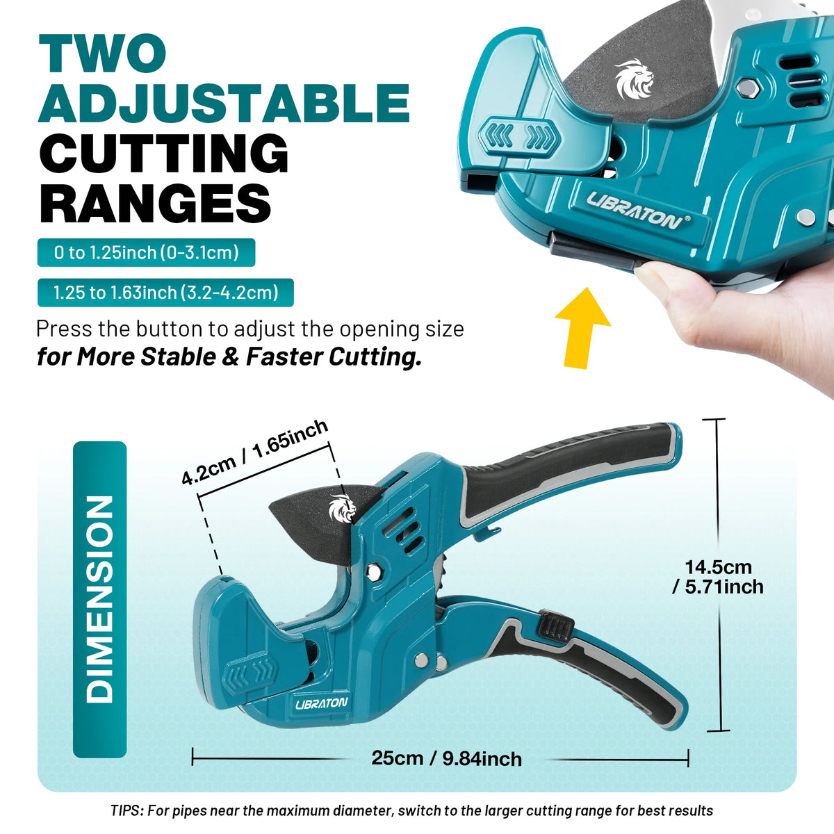A close-up of a blue Vibraton pipe cutter tool with adjustable cutting ranges and dimension markings.