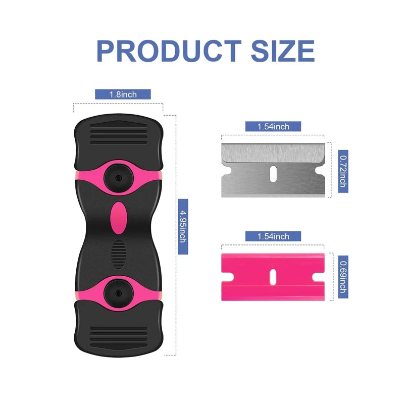 Diagram showing the size of a heavy duty double-sided razor blade scraper, including various dimensions.