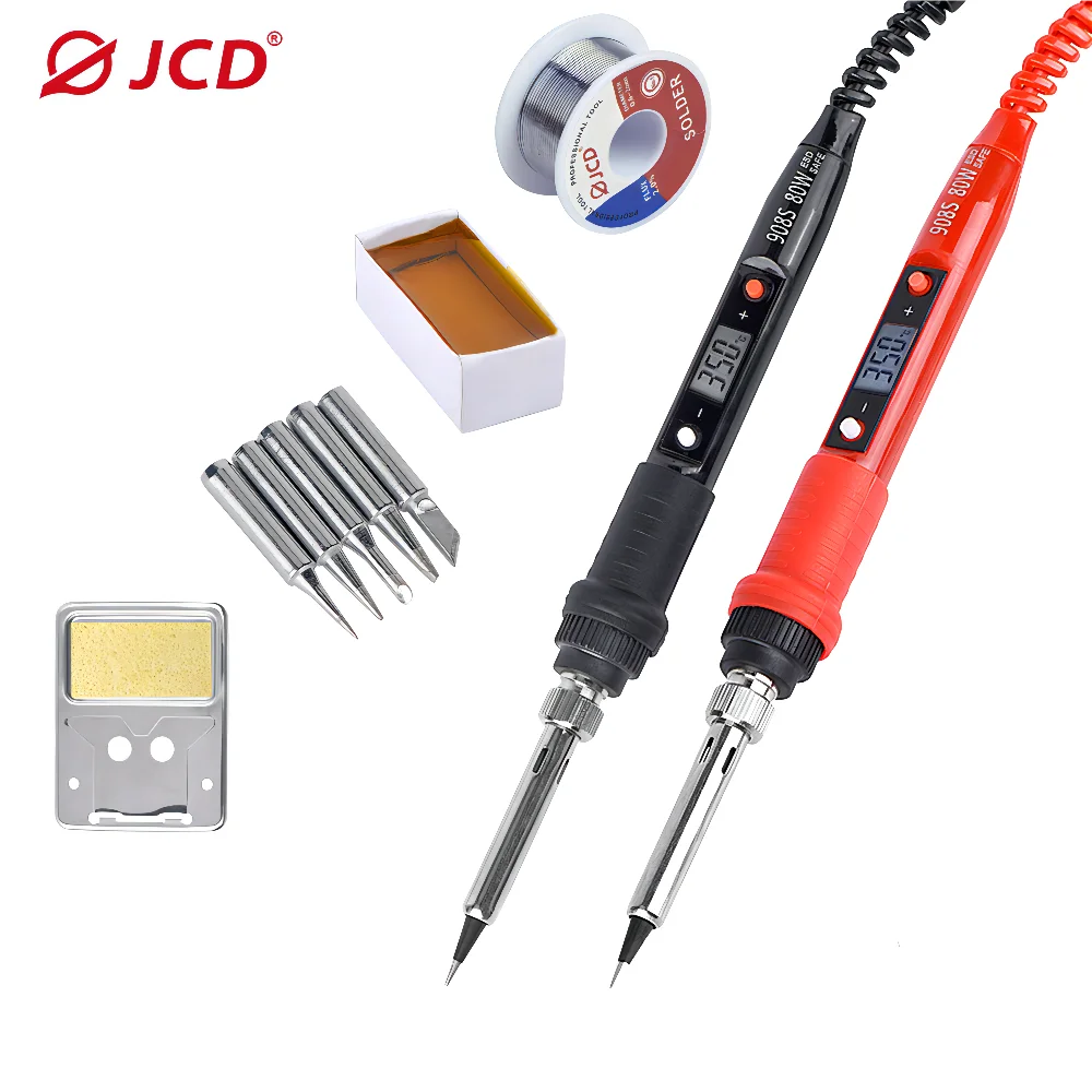 A set of adjustable digital soldering irons and related components including tips and solder wire.