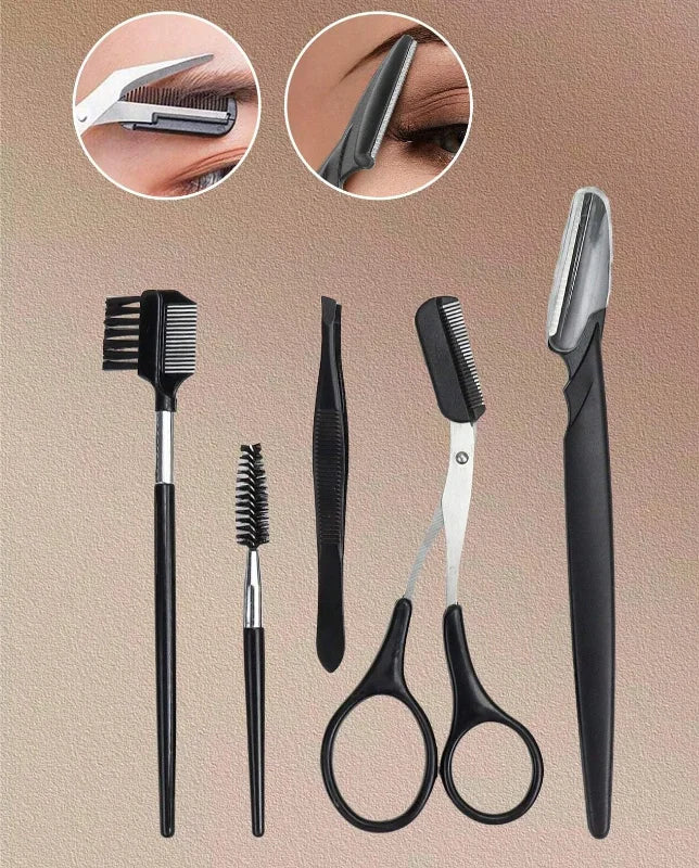 A set of professional eyebrow trimming tools including tweezers, combs, and scissors shown against a neutral background.