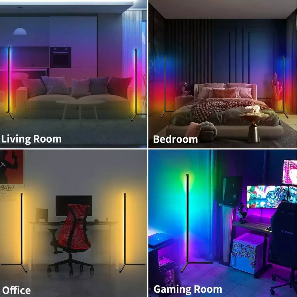 Quatre scènes d'un salon, d'une chambre, d'un bureau et d'une salle de jeux éclairées par des lampes au sol LED RGB intellige