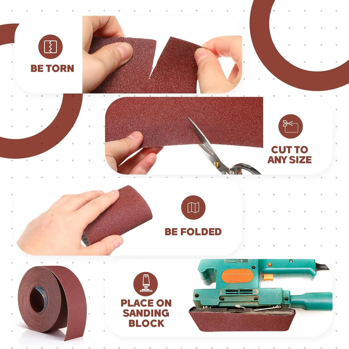 Demonstration of using aluminum oxide sandpaper rolls for wood and metal, showing cutting, folding, and placement on a sandin