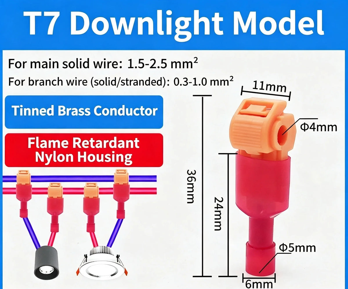 T7 Downlight Model featuring tinned brass conductors and flame retardant nylon housing for wiring.