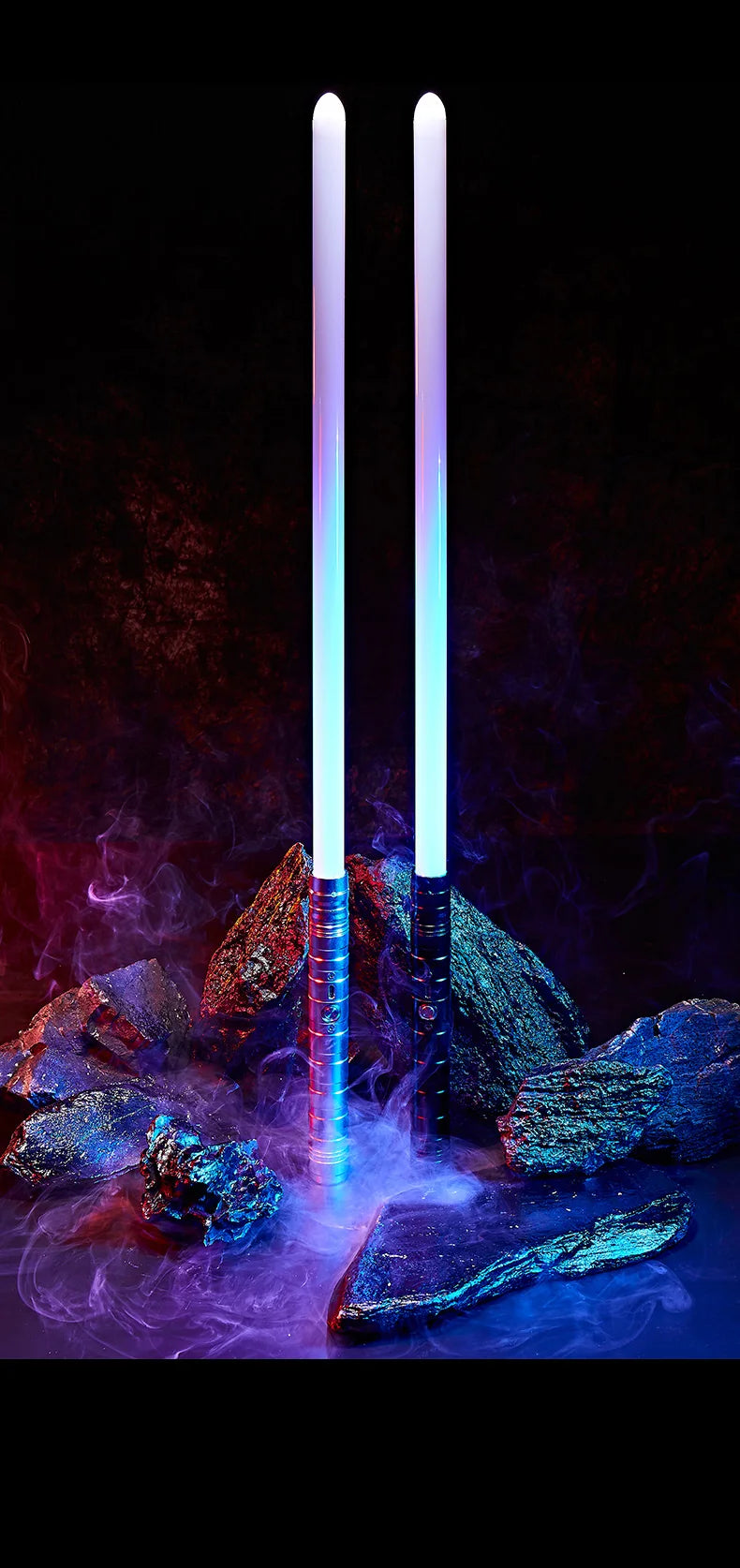 A glowing blue lightsaber stands vertically amidst dark rocks and wisps of purple smoke.