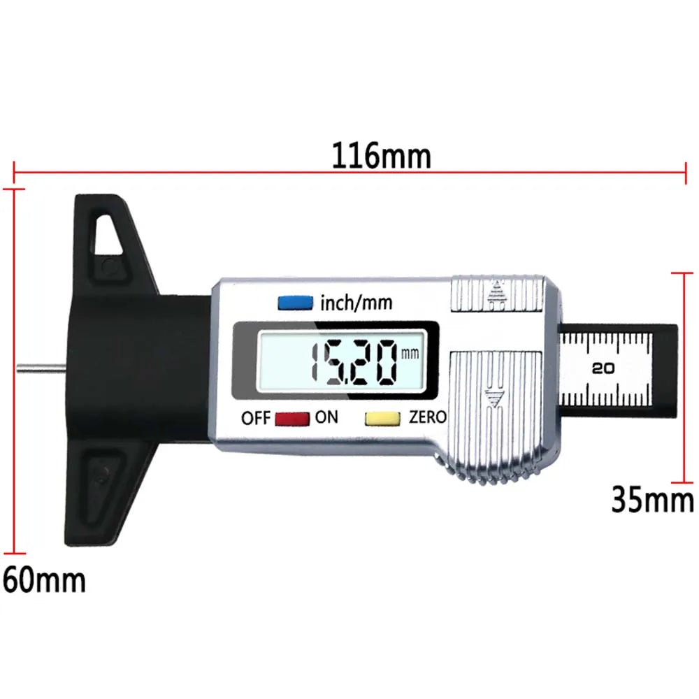 Medidor de profundidad de banda de rodadura digital con cuerpo negro y pantalla LCD que muestra 15.20 mm.