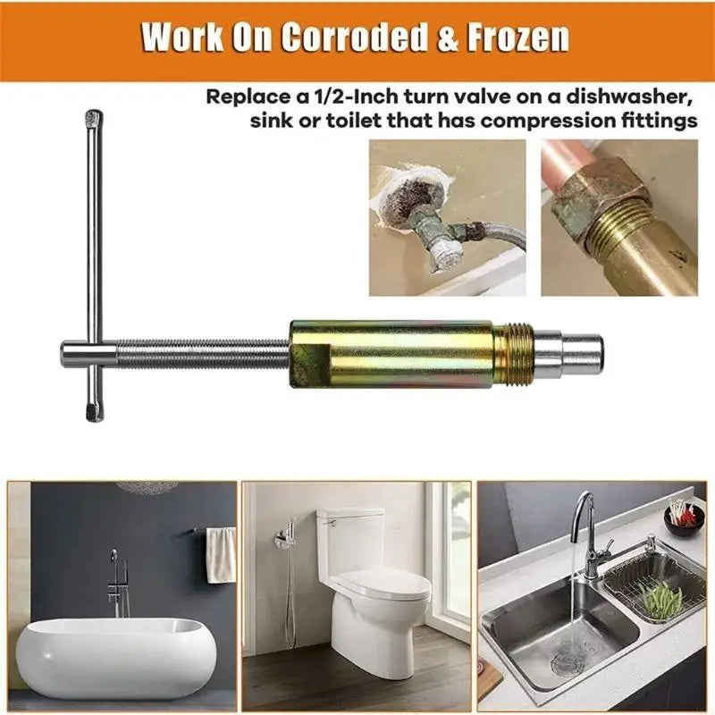 A brass compression sleeve puller tool is shown next to various plumbing fixtures like a sink, toilet, and dishwasher.