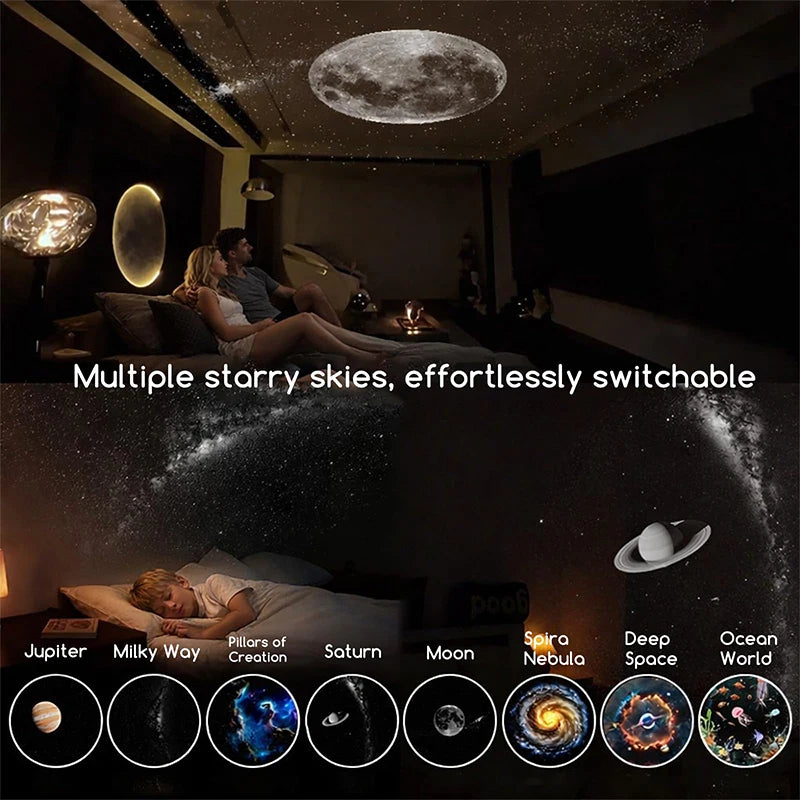 A display showing various starry skies like Jupiter, Milky Way, Saturn, Moon, and Nebula.