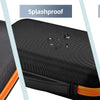 A black portable storage case for electrical testing tools demonstrating scratch-resistant, splashproof, and shockproof featu