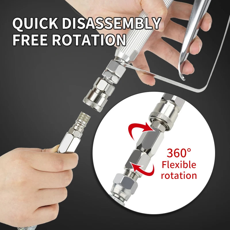 Hand holding a 1/4 inch stainless steel airless hose connector demonstrating 360 degree flexible rotation.
