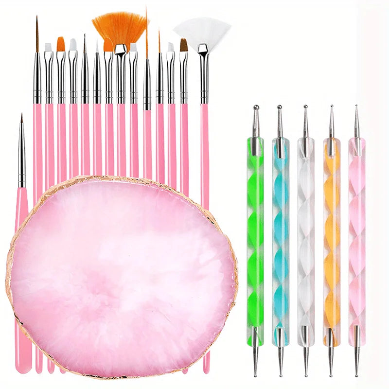 A set of professional nail art brushes with various sizes and colors including pink, orange, green, and white.